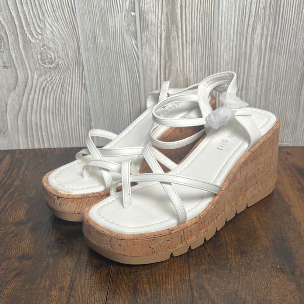 Madden Girl White Volt Cork Wedge Strappy Sandals Women’s Size 9